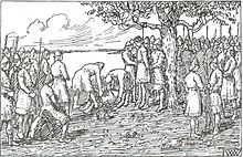Black-and-white drawing of Egil hanged by the neck in a tree, surrounded by crowds of men