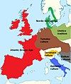 Blue : Apennine culture, Yellow : Terramare culture, Brown : Tumulus culture, Red : Atlantic Bronze Age, Green : Nordic Bronze Age, Apple green : Cultures of Unetice tradition, Gray : Balkan cultures.