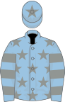 Light blue, grey stars, hooped sleeves and star on cap