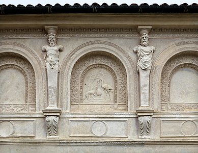 Renaissance atlantes in the courtyard of the Palazzo del Te, in the suburbs of Mantua, Italy, designed by Giulio Romano, 1524–1534