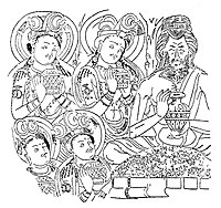 The sharing of the relics of the Buddha by the Brâhmana Drona, to eight kings (four are visible). Relief from the Cave of the Painters, Kizil Caves, circa 500 CE