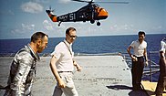 Alan Shepard on the deck of the aircraft carrier USS Lake Champlain after recovery of Freedom 7