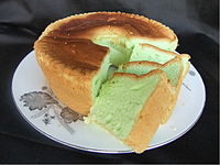 Pandan cake is a sponge cake of Southeast Asian origin. The cake-making technique was brought into Asia through European trade or colonisation.