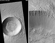 Thila Crater, as seen by HiRISE. Picture on right is an enlargement of a part of the other picture. Scale bar is 500 meters long.