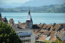 View over Lake Zug with the old town of Zug and the Zytturm