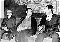The 1975 Algiers Agreement was signed by (left to right) the Shah of Iran Mohammad Reza Pahlavi, Boumédiène, and the Iraqi vice-president Saddam Hussein