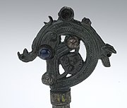 Copy of the Aghadoe Crozier, Swedish History Museum, Stockholm. Originating from Aghadoe, County Kerry in the early 12th century, the crozier is formed from a single block of Walrus ivory, and contains a spiral design on the crook showing the head of an animal biting a human figure.[5]