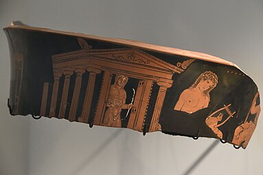 Ancient Greek Doric temple depicted stylized on an amphora shard, c.400-385 BC, ceramic, Allard Pierson Museum, Amsterdam, the Netherlands