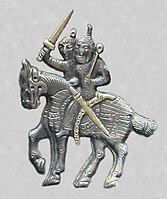 Anikova, two horsemen. One holds a sword, the other holds a mace and at this side has a sword and a C-shaped tubular case designed for an unstrung bow. c. 800 CE design.[9]