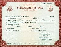 A State Department certification of report of birth, issued between 1990 and 2010