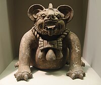 A funerary urn in the shape of a "bat god" or a jaguar, Oaxaca, 300–650 CE