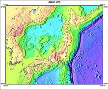 A topographical map of Japan and the surrounding ocean and landmasses, showing different elevations with different colors.