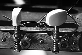 Mounted open machine heads. Note slot in background where the strings are wound around the pin of the tuner.