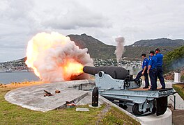 A restored 9 Inch MLR Gun being fired at the Middle North Battery overlooking the town.