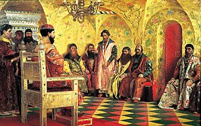Session of Tsar Mikhail Feodorvich with his boyars in his State Chamber. 1893