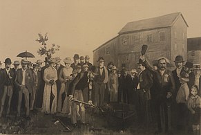 Turning the first sod at Sault Ste-Marie. July 30, 1890, on the first publicly owned power canal constructed in Canada, for the general distribution of power for industrial purposes.