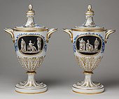 Neoclassical vases with covers; 1784-1795; soft-paste porcelain; height (with cover): 47.6 cm; made at the Real Fábrica del Buen Retiro; Metropolitan Museum of Art