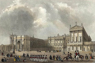 Buckingham Palace, showing Marble Arch on its left, as a ceremonial entrance.