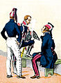 Reiter im Stalldienstanzug (links), Maître-ouvrier in großer Uniform (Mitte) und Unteroffizier im Gehrock (rechts)