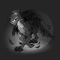 The Copp Boggart, in one of its forms - "A terrific dog with a white neck and a tail similar to a sheaf of corn curled up all over its shoulders". Art by Rhi Wynter