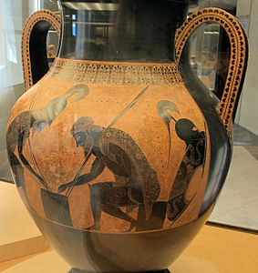Ancient Greek palmettes on the Achilles and Ajax playing dice amphora, by Exekias, 550-525 BC, pottery, Vatican Museums