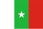 A tricolour flag with vertical stripes of white, green and red; a white star in the central green stripe