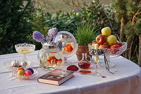 = A haft-sin arrangement, traditionally displayed for Nowruz in Iran.