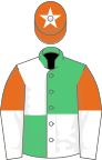 Emerald green and white (quartered), orange and white halved sleeves, orange cap, white star
