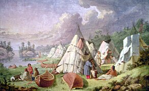 Ojibwa-Lager an der Georgian Bay, einer Bucht des Huron-Sees (Ölgemälde von Paul Kane 1871, ht. im Royal Ontario Museum)
