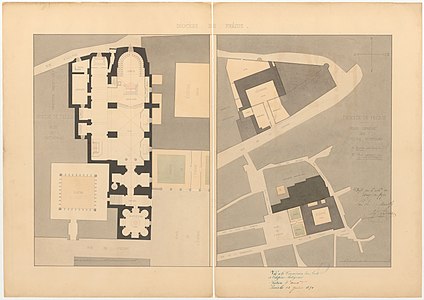 Plan of the cathedral and diocese buildings (1851). Baptistry is at bottom center, cloister to bottom left