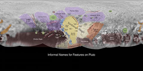 The portions of Pluto's surface mapped by New Horizons. Center is 180 degrees longitude (diametrically opposite the moon Charon).