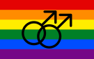 Rainbow flag overlaid with a double black Mars symbol