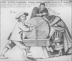 A printed image showing Charles II's nose being held to a grindstone by a Scottish clergyman, with a caption reading "The Scots holding their young king's nose to the grindstone". In a speech bubble, the clergyman demands "Stoop Charles".