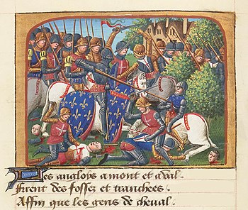 Darstellung der Schlacht von Formigny als Buchmalerei aus dem Vigiles du roi Charles VII von Martial d’Auvergne (15. Jahrhundert)