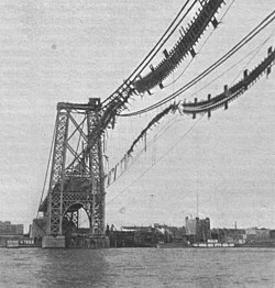 The bridge's cables in the aftermath of a fire in 1902