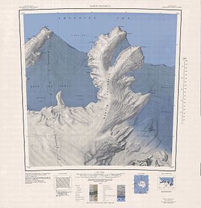 Topografische Karte mit dem Keys-Gletscher (unten)