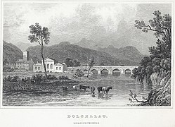 Bridge over the River Wnion in Dolgellau, 1830 by artist Henry Gastineau (1791–1876) and engraver Samuel Lacey [Wikidata] (1787–1859)