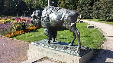 Bronze Bison Sculpture at Humboldt Park Formal Garden in Chicago