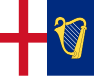 Flag described as "the Parliament Jack", following a decision of the State Council on 23 February 1649: "And that upon the Sterne of the Shipps there shall be the Red Crosse in one Escotcheon, and the Harpe in one other, being the Armes of England and Ireland, both Escotcheons joyned according to the pattern herewith sent unto you.", replaced in 1658.[4][7]