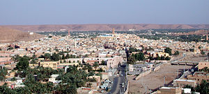 Panoramic view of Ghardaïa (Tagherdayt) with the dry bed of Wadi Mzab on the right side.