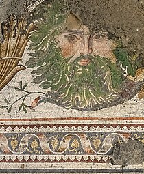 Early Byzantine mosaic with a foliate head, possibly from the reign of Byzantine emperor Justinian I (r. 527–565), Great Palace Mosaic Museum, Constantinople (present-day Istanbul, Turkey)[5]