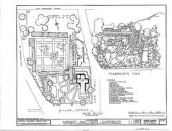 A plot plan and perspective view of Mission San Juan Capistrano as prepared by the Historic American Buildings Survey in 1937.