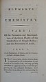 First page of "Elements of Chemistry in a Systematic Order Containing All the Modern Discoveries" (1790)