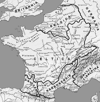 Map of Gaul with tribes, 1st century BC; the Morini and Itius Portus are circled.