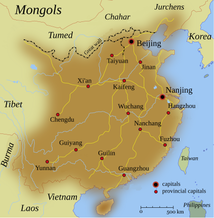 Map of China, showing the capital cities (Beijing, Nanjing), provincial capitals, and main transportation routes (mostly between the capitals and provincial capitals).