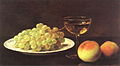 Still life with grapes, two peaches, glass of sherry