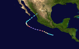 The track of a major hurricane starts off the southwestern Pacific coast of Mexico, heads northwestward, and ultimately turns northeastward before moving ashore.