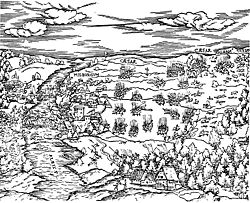 Schlacht bei Mühlberg, Holzstich von 1550 mit der vermutlich ältesten Ansicht der Stadt