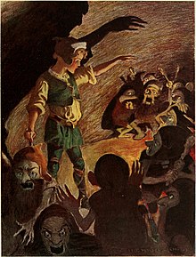 An illustration of a group of goblins surrounding a small child.