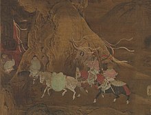 A square painting depicting three men on horses, as well as a fourth horse not being ridden, moving in a two by two formation. The two men at the back are on horses that have splint armor covering the tops of their bodies and leather armor covering the sides of their bodies. The horses' necks are covered in red cloth, possibly also armored.